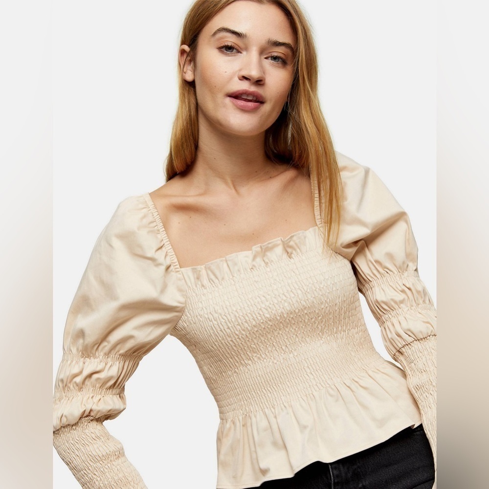 Topshop milkmaid shirred blouse long sleeve statement unique neutral office - Picture 3 of 6
